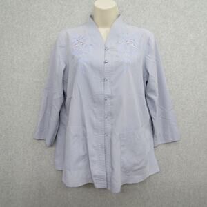 Womens Light Blue Top Asian Blouse Large Long Sleeve Button Up Casual